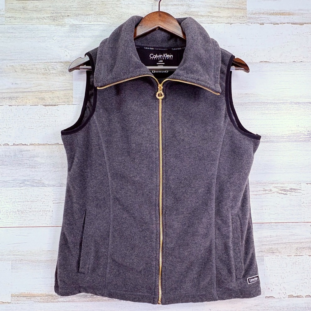 Calvin Klein Performance Womens Charcoal Gray Fleece Vest Pockets Full Zip Large